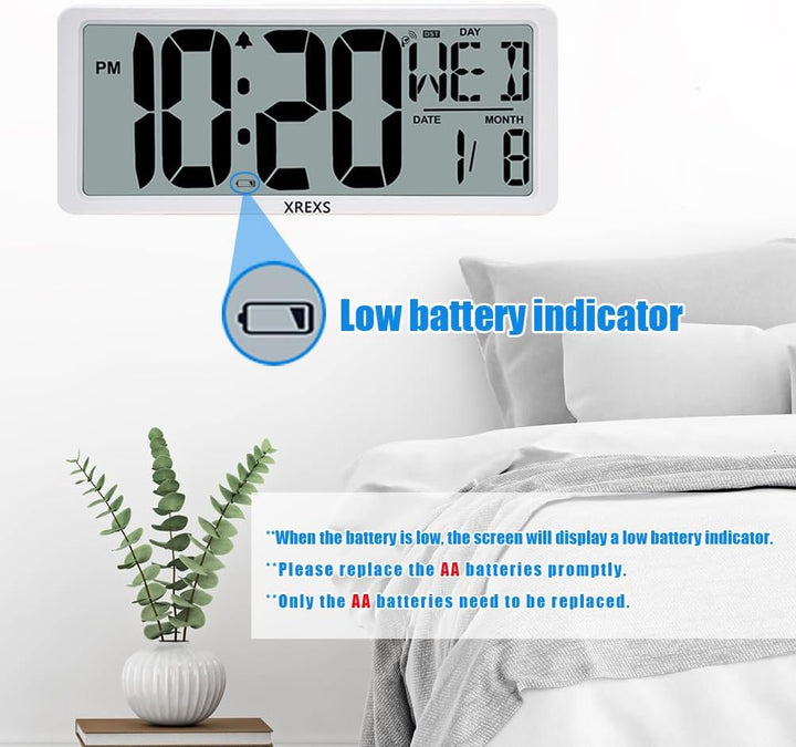 XREXS 13,4'' Digitale Wanduhr, automatische Zeitkalibrierung, batteriebetrieben, HD-Display, mit Kal