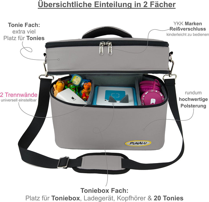 PUNALU grosse Tasche für Toniebox, Platz für 68 Tonie Hörfiguren, Toniebox Tasche (grau), Grau