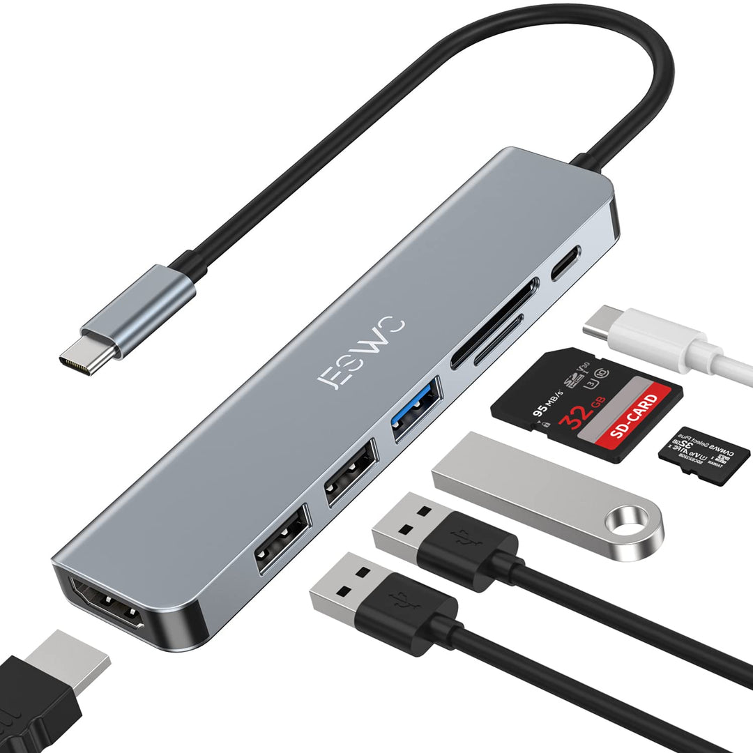 JESWO 7-in-1 USB-C-Hub mit HDMI 4K, USB 3.0, 2 USB-Ports 2.0, SD/TF-Kartenleser, 100 W PD, Multi-Por