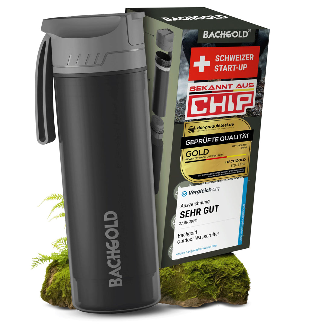 Bachgold® Profi Outdoor Wasserfilter Flasche [650ml] mit 1500L Filterkapazität I entfernt 99,99% all