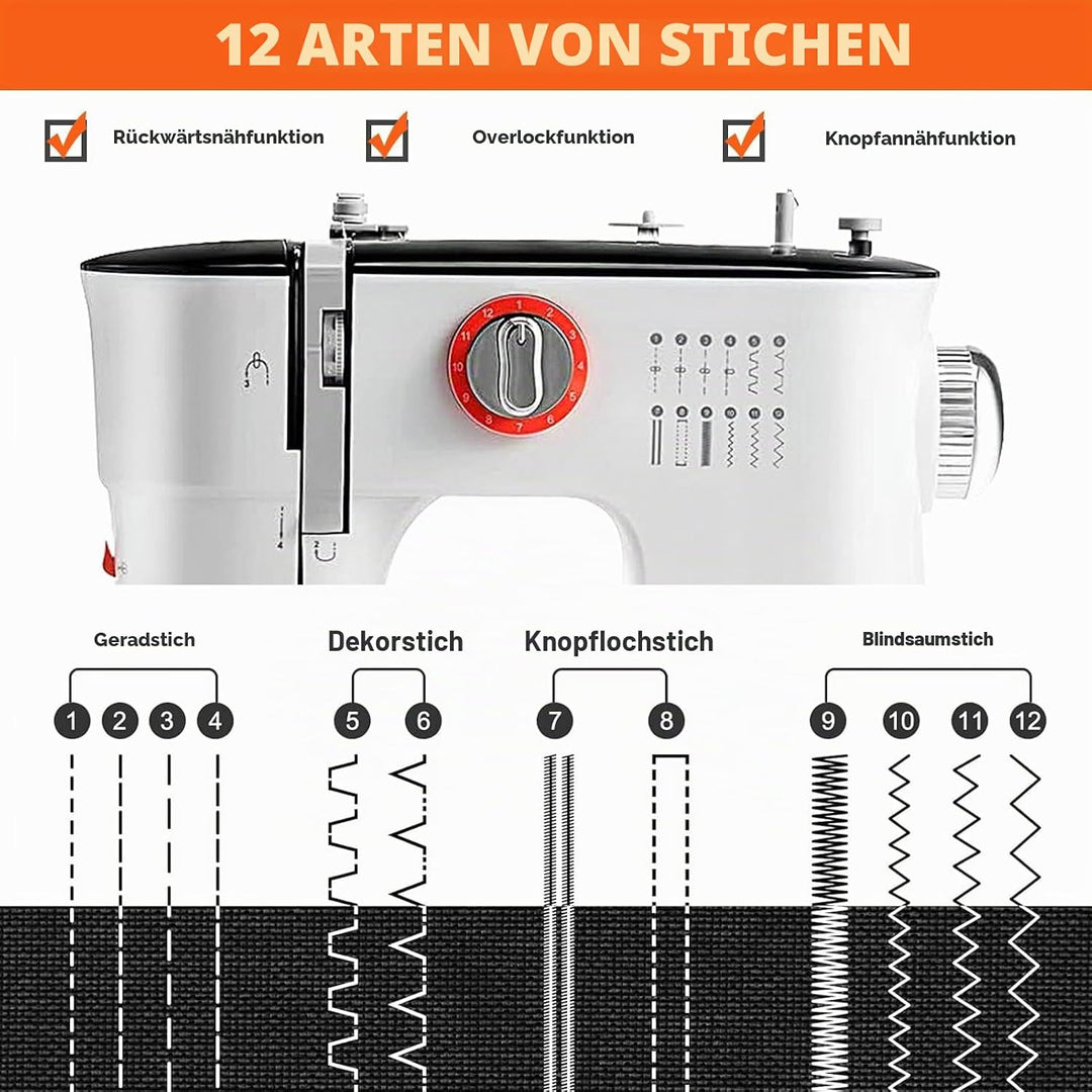 Dekaim FLSM-519 Nähmaschine, Elektrische Nähmaschine für Anfänger und Kinder, 12 Stichprogrammen, Fr