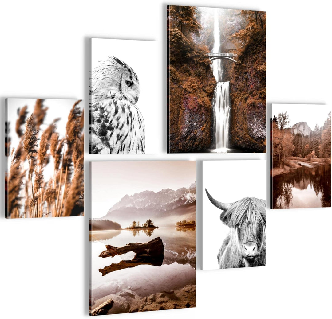 Novart Bilder Set - AUFHÄNGFERTIG - KEIN EXTRA RAHMEN BENÖTIGT - Natur Berge See Modern Orange Braun