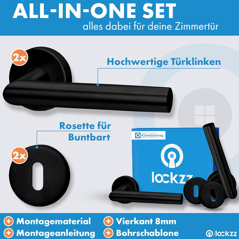 lockzz Türgriff Drückergarnitur Würzburg-II, Edelstahl schwarz matt, Türbeschlag für Zimmertüren, Ru