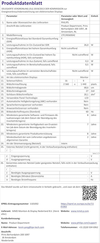 Philips 27E1N5600AE - 27 Zoll QHD USB-C Monitor, höhenverstellbar, Lautsprecher (2560x1440, 75 Hz, H