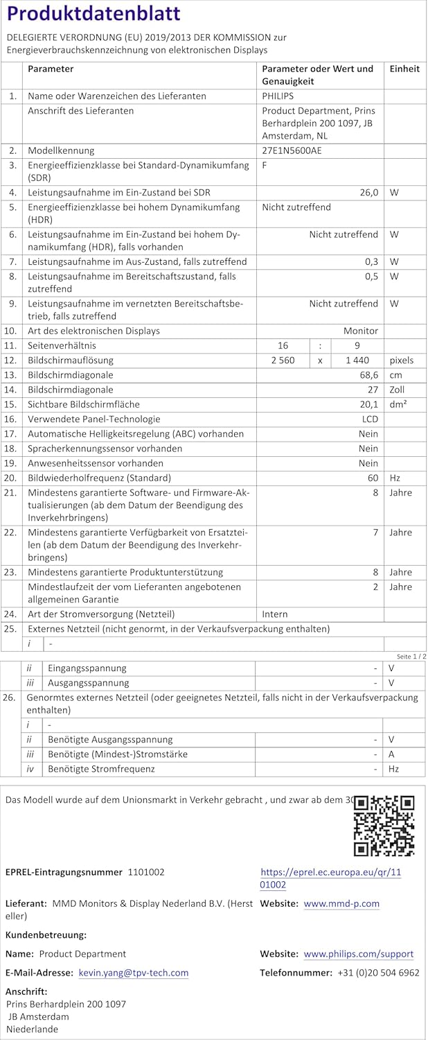 Philips 27E1N5600AE - 27 Zoll QHD USB-C Monitor, höhenverstellbar, Lautsprecher (2560x1440, 75 Hz, H