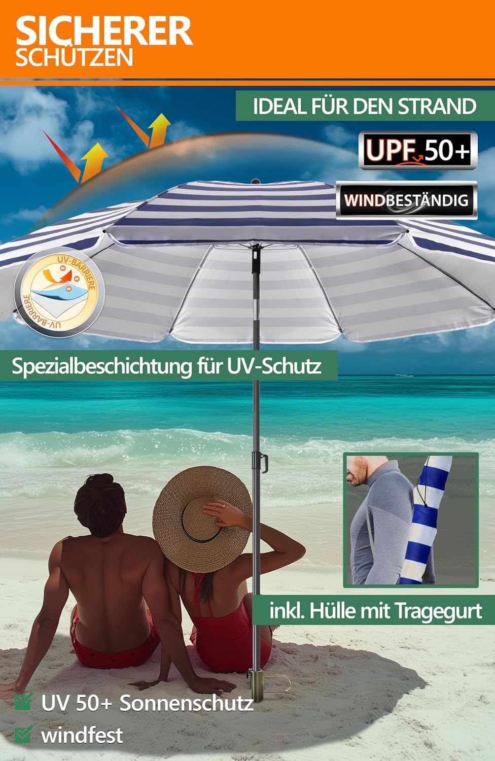 4smile Sonnenschirm Strand mit Rasendorn 3-IN-1 SET, Ø 180 cm, Blau-Weiss | Strandschirm windfest st