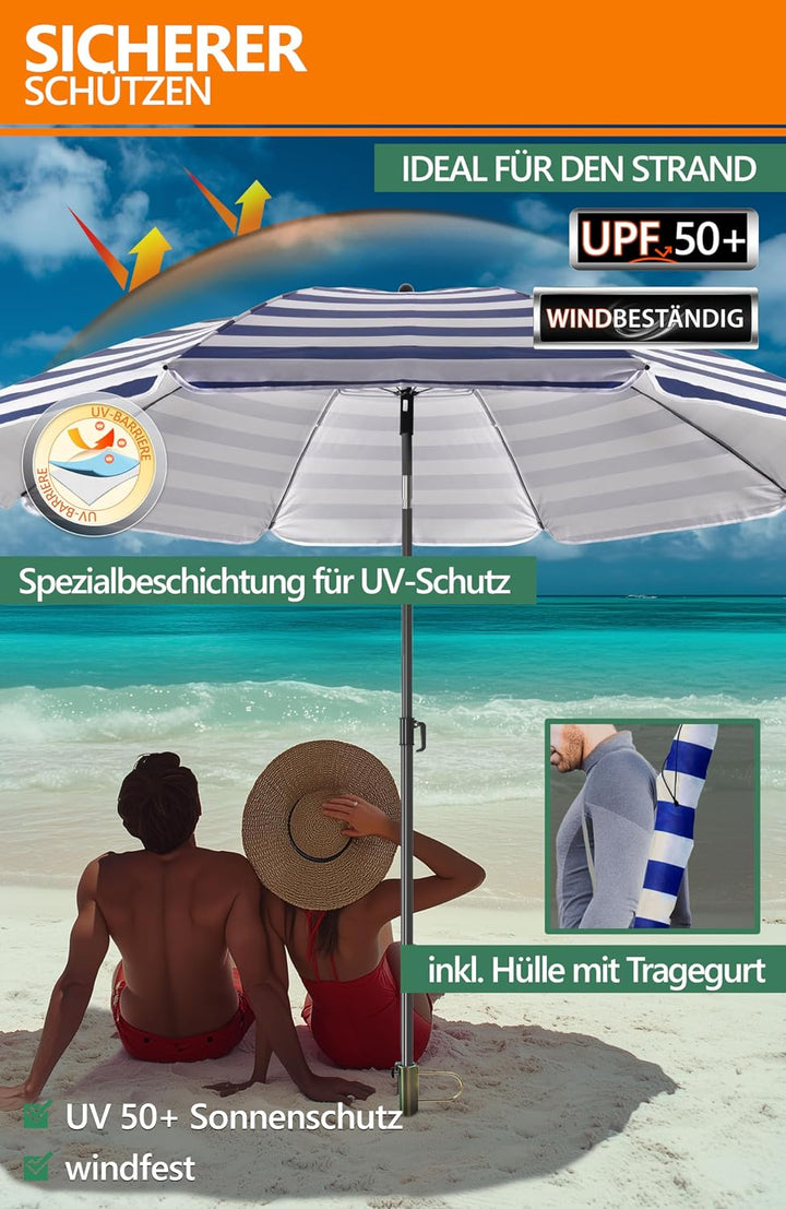 4smile Sonnenschirm Strand mit Rasendorn 3-IN-1 SET, Ø 180 cm, Blau-Weiss | Strandschirm windfest st