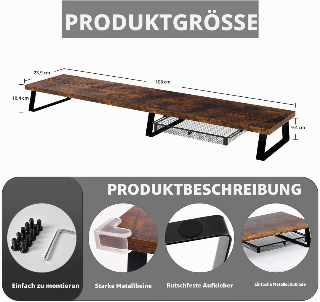 Aothia Vintage Dual Monitorständer aus Holz - Bildschirmerhöhung mit Schublade für Laptop/Computer/P
