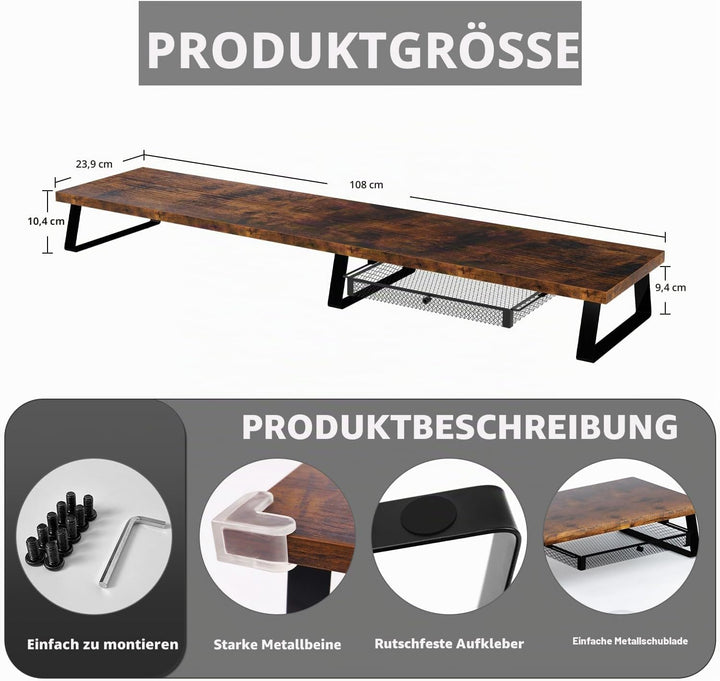 Aothia Vintage Dual Monitorständer aus Holz - Bildschirmerhöhung mit Schublade für Laptop/Computer/P