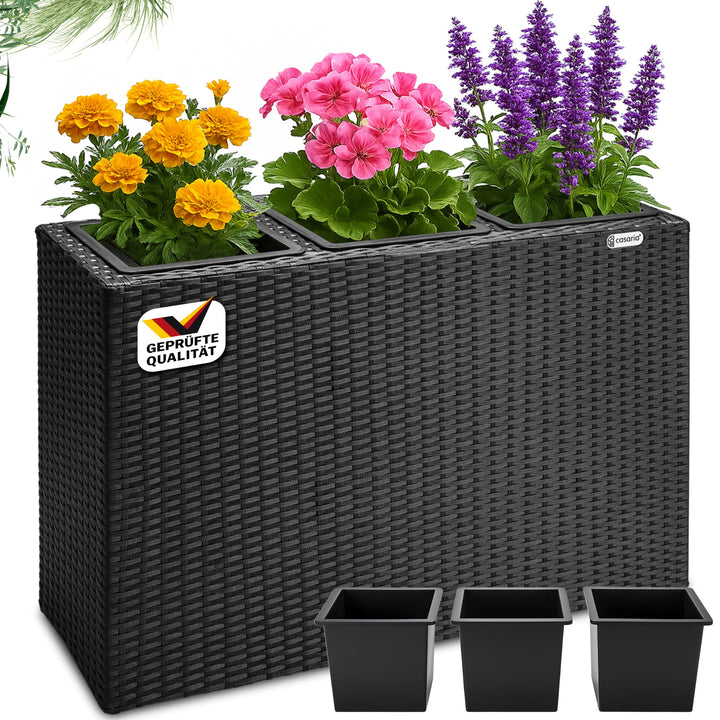Casaria® Blumenkasten 3 Innentöpfe Polyrattan Herausnehmbar Wasserablauf Outdoor Rechteckig Pflanzka