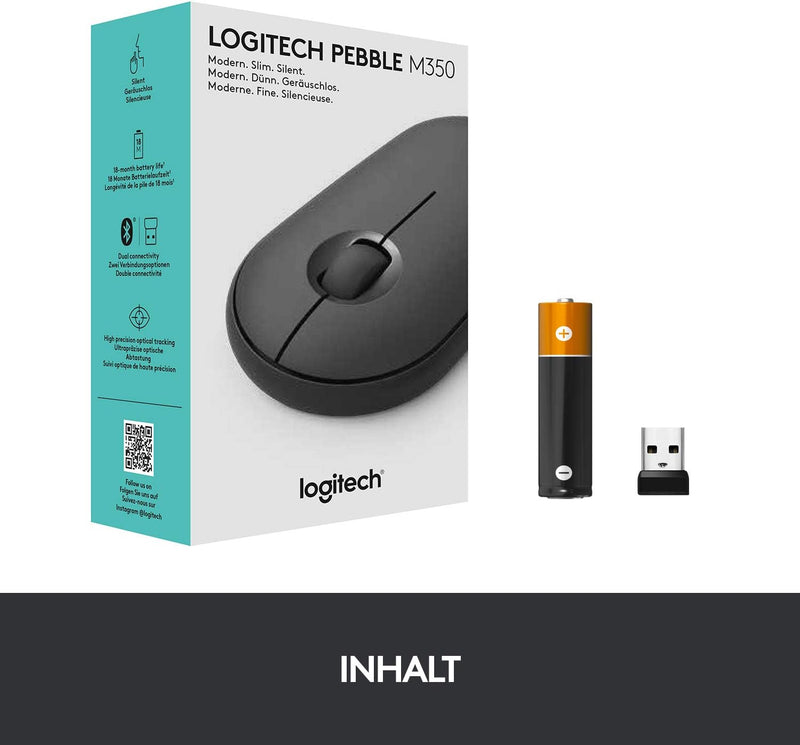 Logitech M350 Pebble Kabellose Maus, Bluetooth und 2.4 GHz Verbindung via Nano USB-Empfänger, 18-Mon