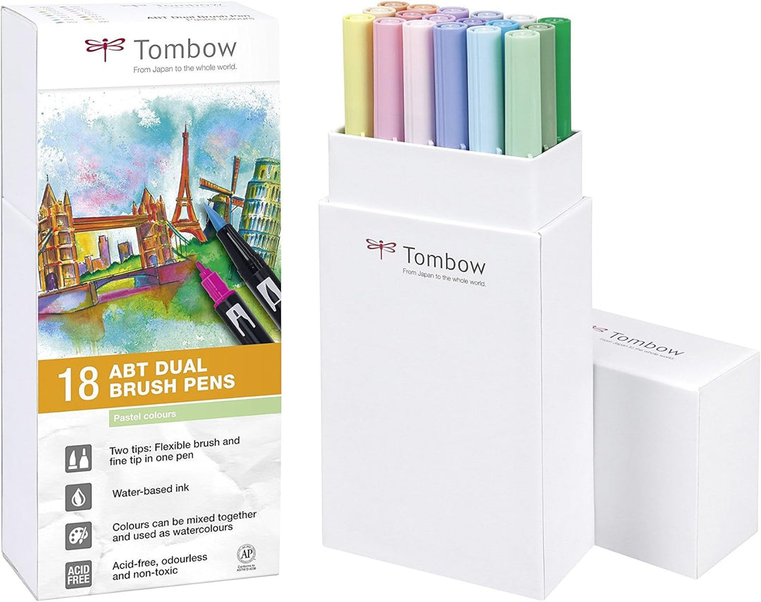 Tombow ABT-18C-5 Fasermaler Dual Brush Pen mit zwei Spitzen, 18-er Set, pastellfarben