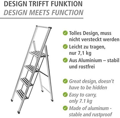 WENKO Leichte Aluminium Trittleiter mit 4 Stufen für 100 cm höheren Stand, rutschsichere XXL-Stufen,