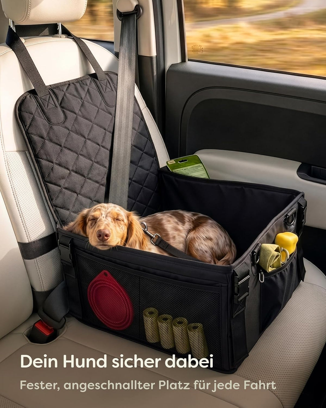Knupis Extra Stabiler Hunde Autositz für Kleine Hunde - Wasserabweisend & Kratzfest mit 5 Taschen –