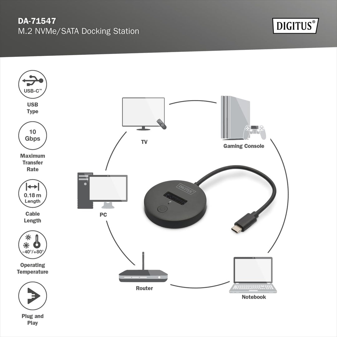 DIGITUS M.2 NVMe/SATA USB-C Docking Station - USB 3.2 Gen2 - 10 Gbit/s - M.2 Formate 2242, 2260, 228