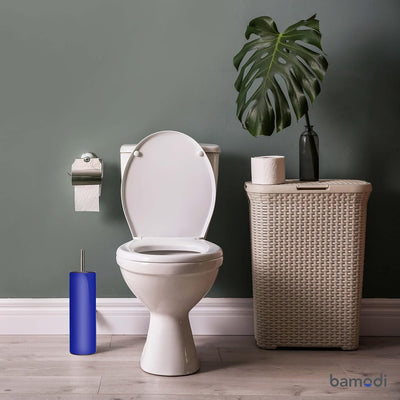 Bamodi Edelstahl Klobürste und Behälter | Mit Spritzschutz und 2 Ersatzbürstenköpfen – Blau Toilette