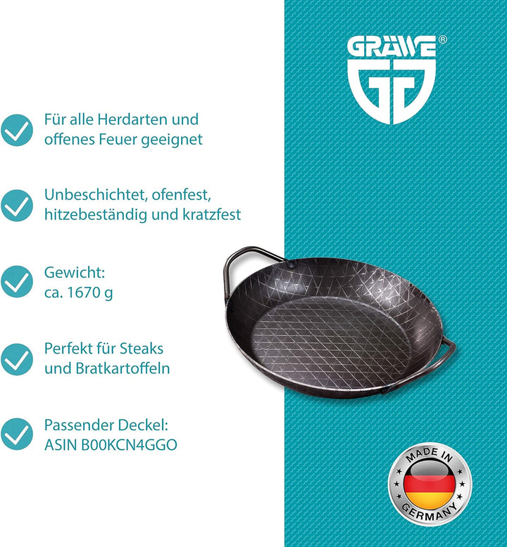 GRÄWE Schmiedeeiserne Servierpfanne F 400, Ø 28 cm, hoher Rand, Eisenpfanne mit Griffen, 400° C hitz