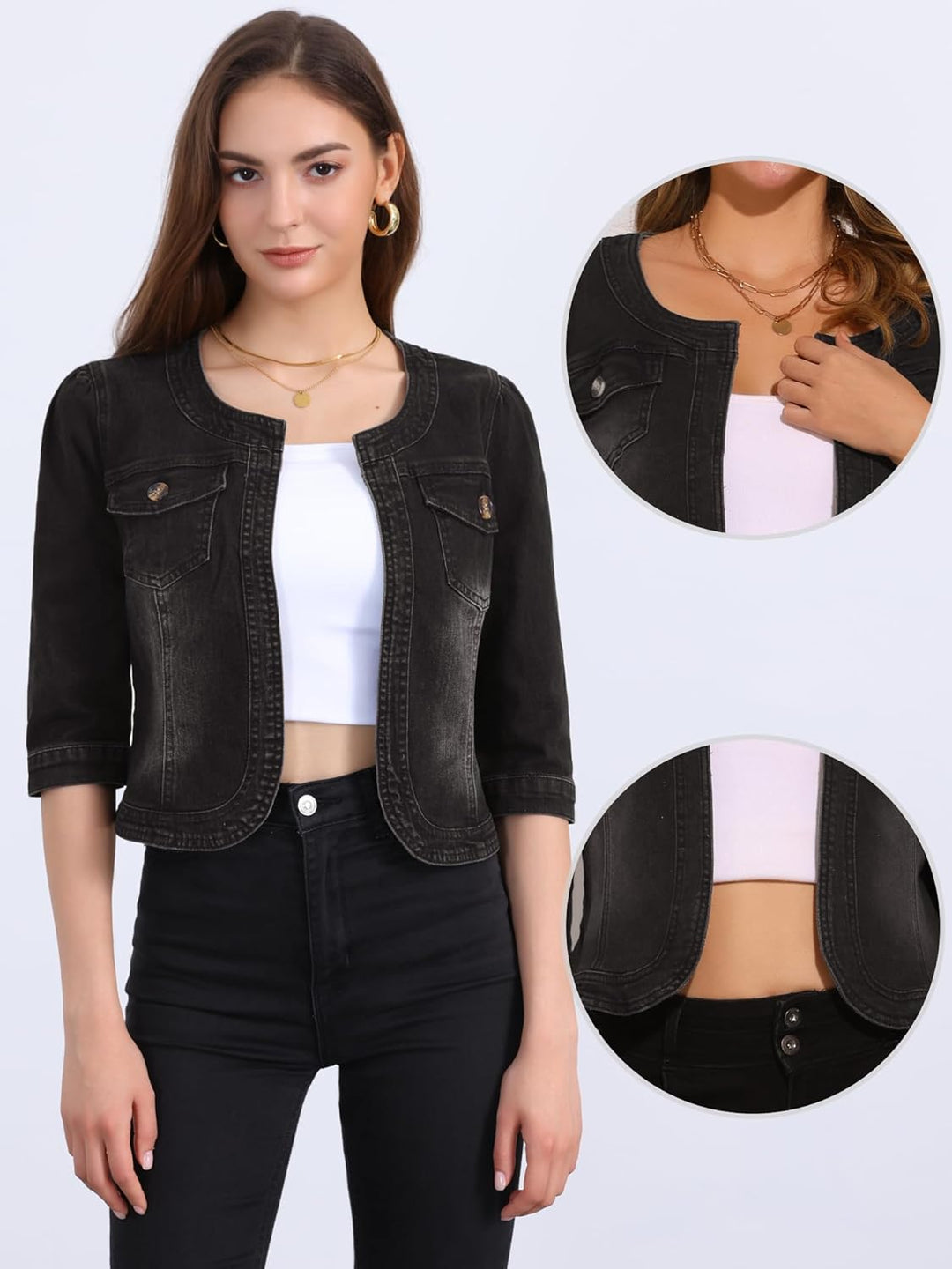 Allegra K Damen Jeansjacke 3/4 Ärmel Open Front Kragenlos Jacke mit Taschen XL Schwarz, XL Schwarz