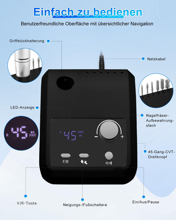 CozyZen Elektrische Nagelfräser Professional: 45000 U/min Nagelpflege-Kit mit LCD-Display, Hand- & F