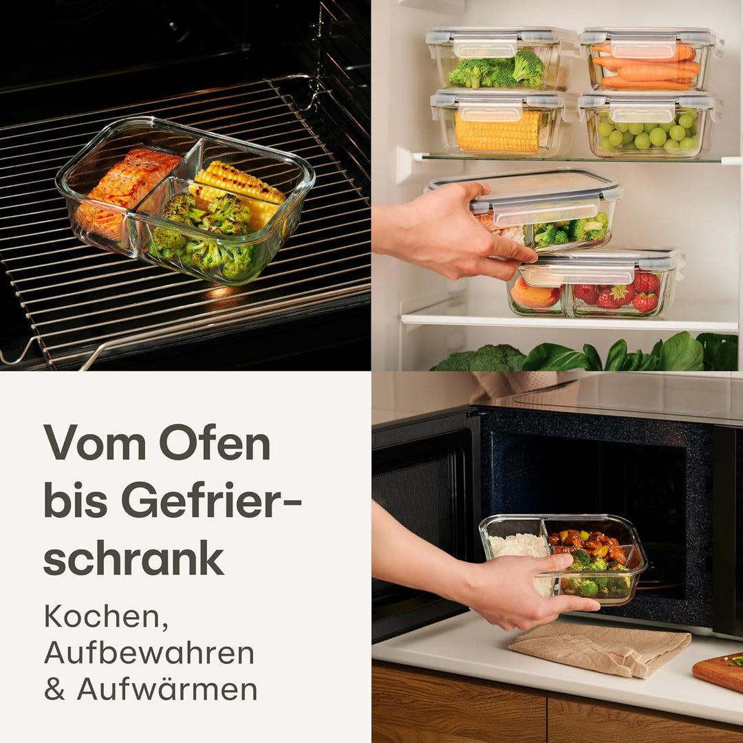 Praknu Meal Prep Boxen Glas 3 Fächer - Glasdosen 2er Set mit Deckel 1000ml - Luftdicht - BPA-Frei -