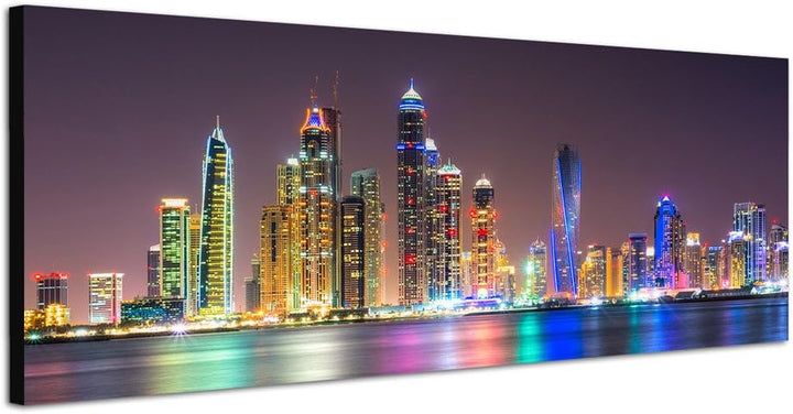 Paul Sinus Art Panoramabild auf Leinwand und Keilrahmen 150x50cm Dubai Skyline Wasser Nacht Lichter
