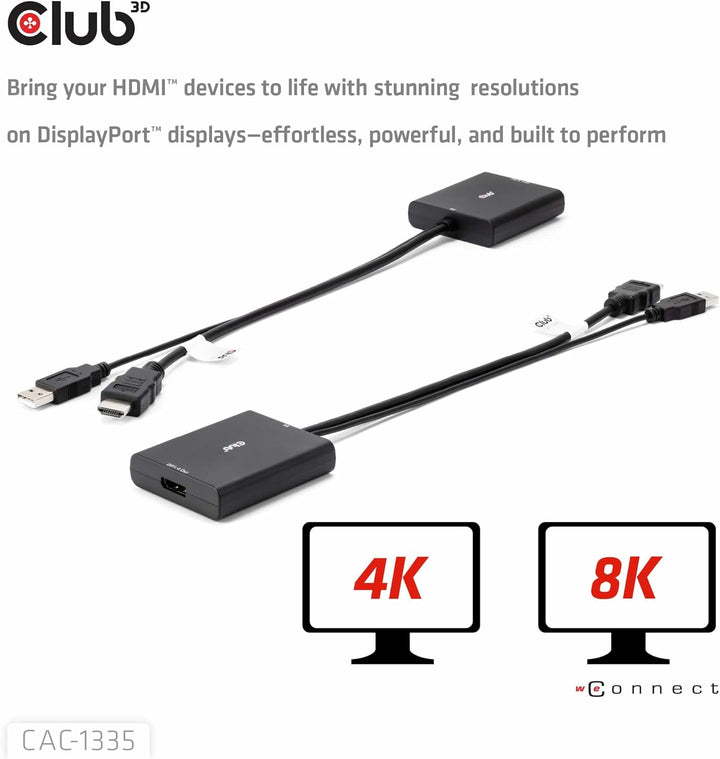 Club 3D CAC-1335 HDMI+ Micro USB auf DisplayPort 4K120Hz oder 8K30Hz St/B Aktiver Adapter, CAC-1335