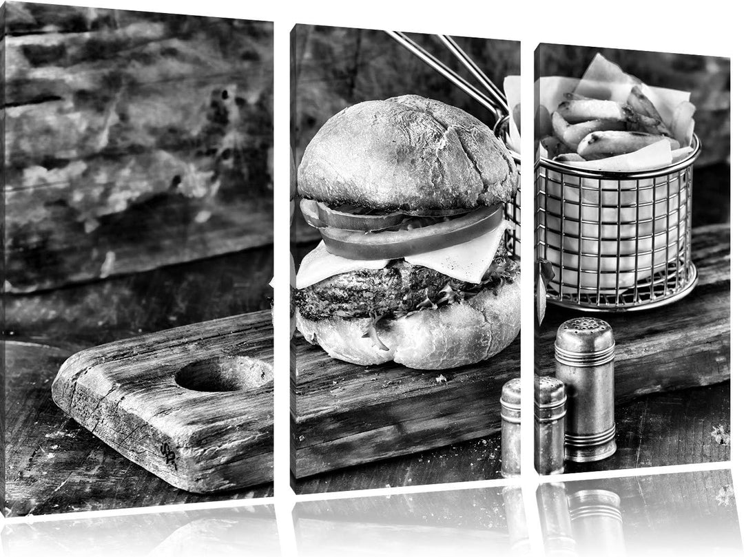 Pixxprint Cheesburger mit Pommes als Leinwandbild/Grösse: 3 Teilig (120x80 cm) cm/Wandbild/Kunstdruc