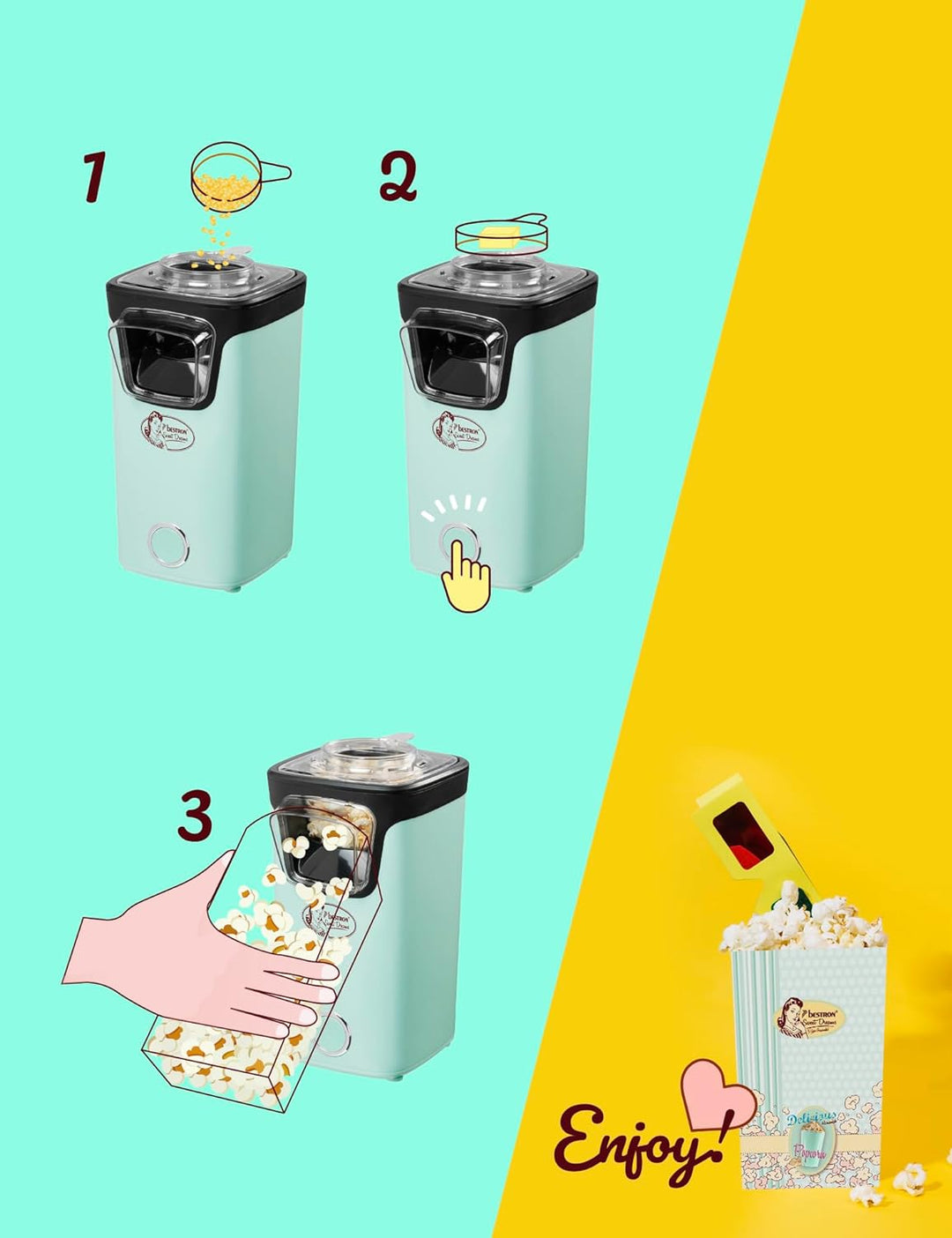 Bestron Popcornmaker, Turbo-Popcorn in unter 2 Minuten, Popcornmaschine mit Heisslufttechnologie, in