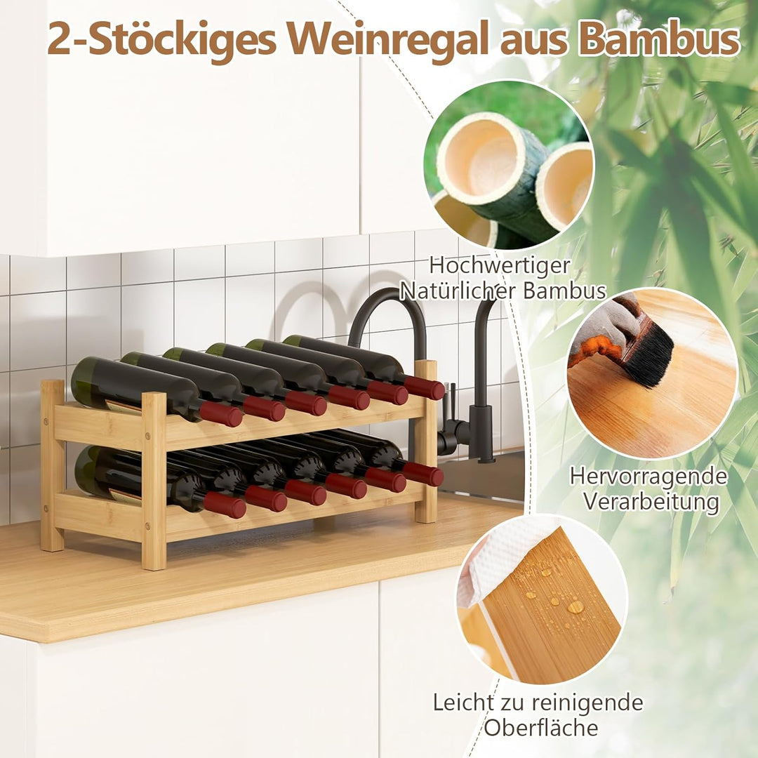 COSTWAY Weinregal Bambus für 12 Flaschen, Flaschenregal mit 2 Etagen, Flaschenhalter für Keller, Küc