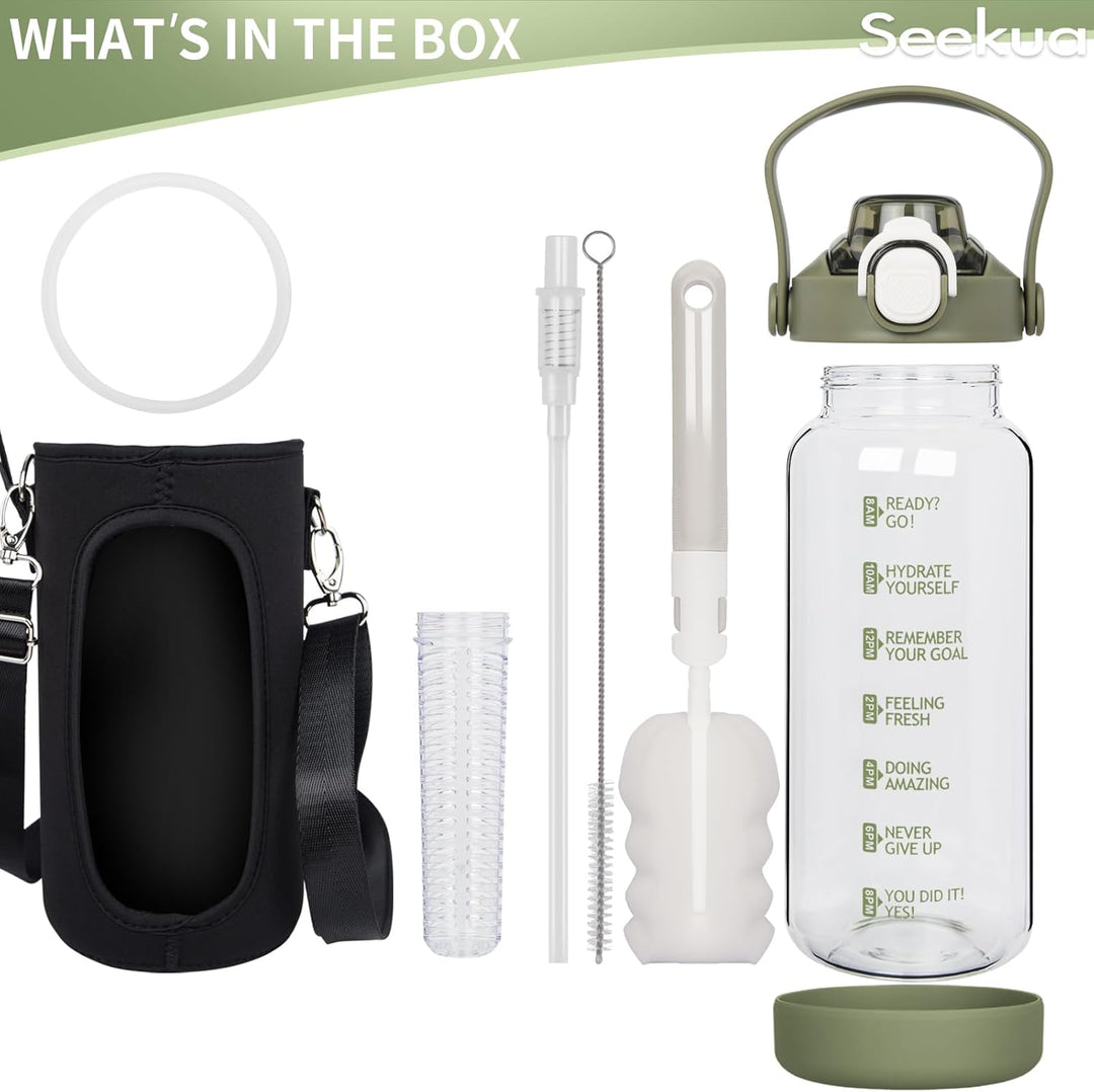 Seekua 1.5 liter Trinkflasche Glas Flasche mit Strohhalm & Zeitmarkierung, 1.5l Wasserflasche mit Fr