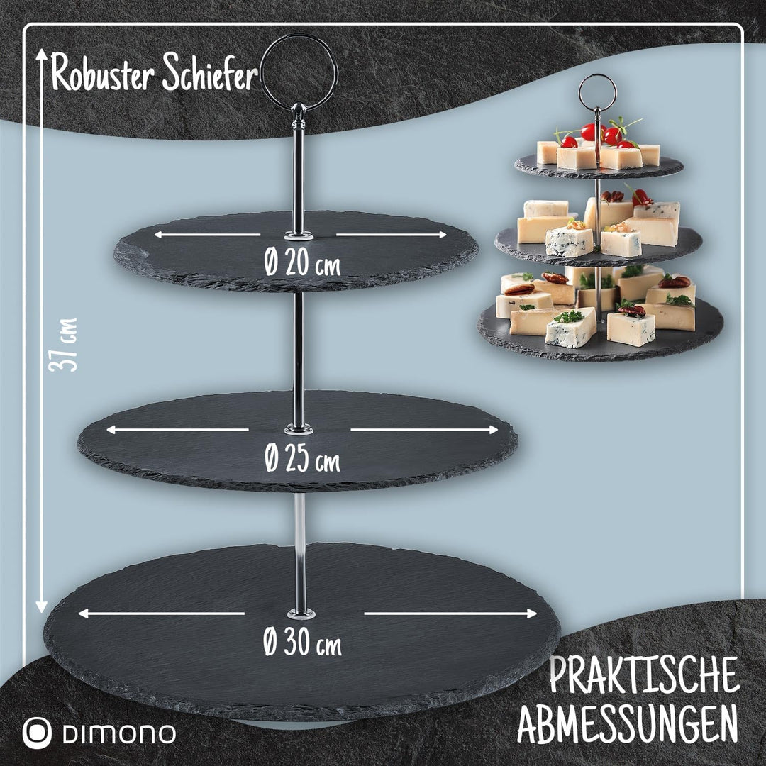 Dimono® Etagere Premium Servier-Ständer 3-Etagen; Servier-Tablett aus echten Schiefer-Naturstein für