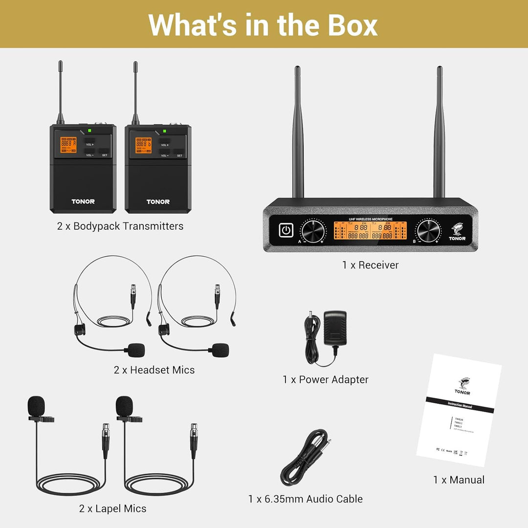 TONOR Duales UHF Mikrofon Kabellos Set mit 2 Bodypack Transmitter/Headset/Lavalier Wireless Micropho