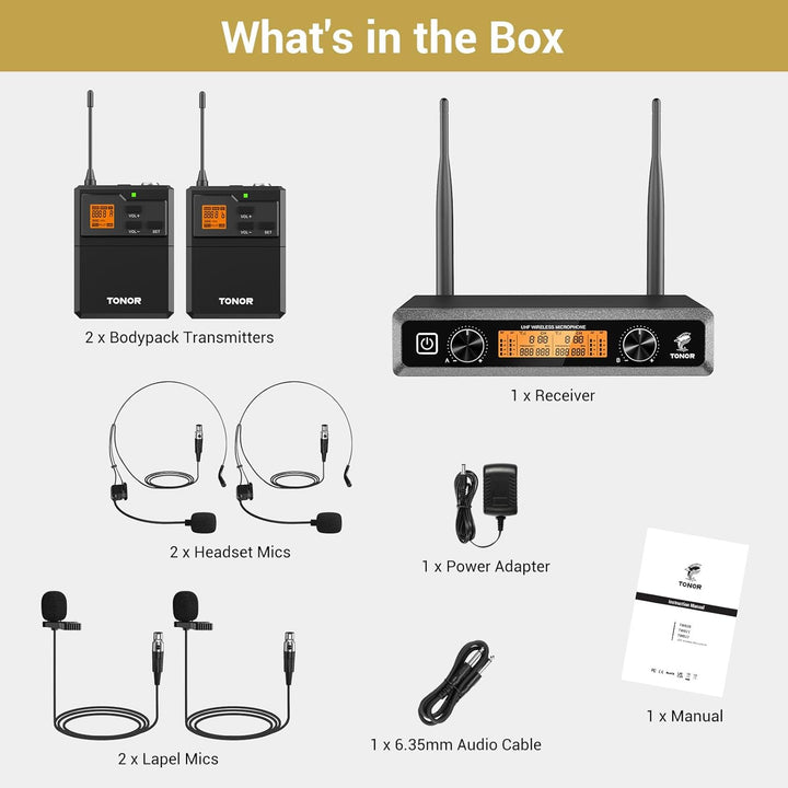 TONOR Duales UHF Mikrofon Kabellos Set mit 2 Bodypack Transmitter/Headset/Lavalier Wireless Micropho