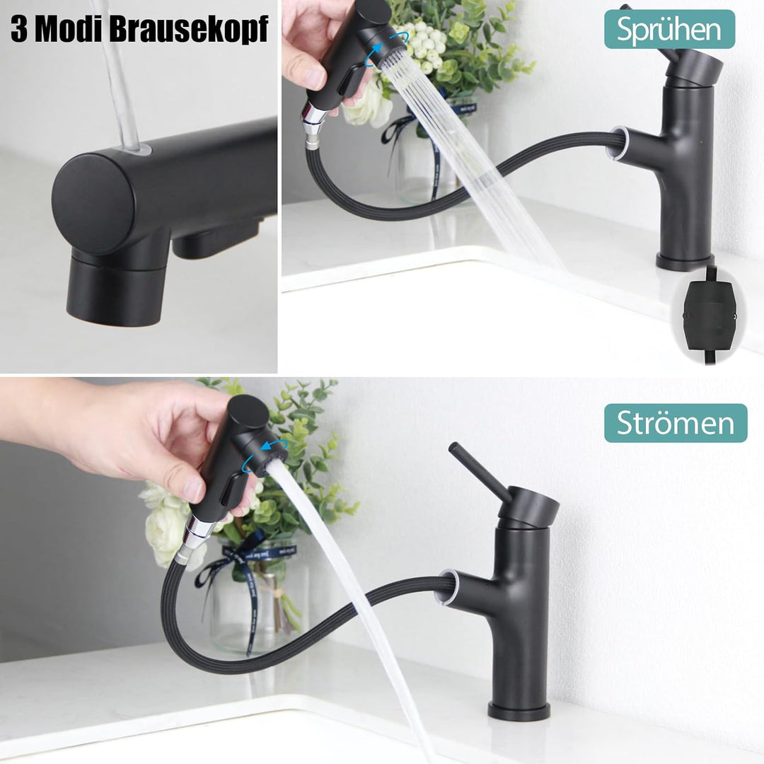 Wasserhahn Bad Schwarz, SEMANEY Hochdruck Waschtischarmatur mit Herausziehbarer Brause, Einhebelmisc