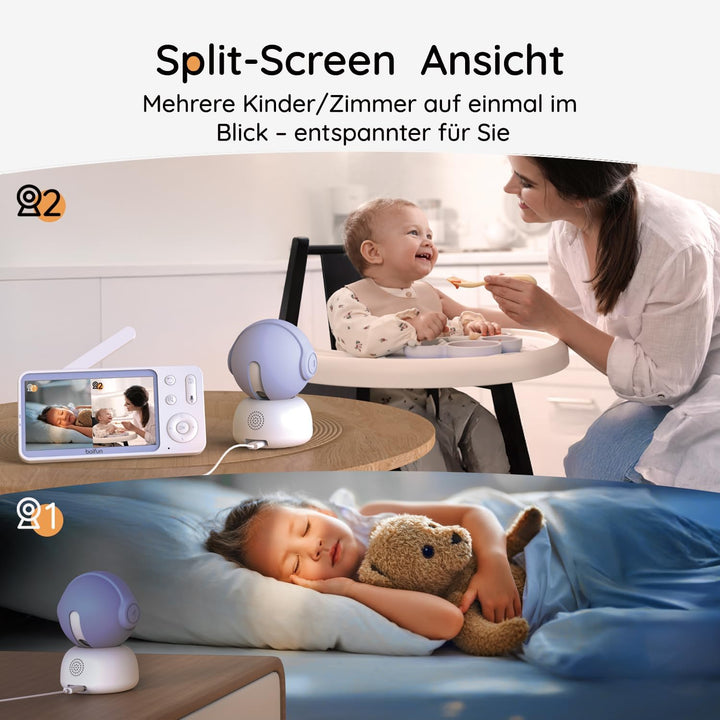 Boifun Babyphone mit Kamera und App, 5" 2K Bildschirm Babyfon, Weinen/Bewegungs/Geräuscherkennung,PT