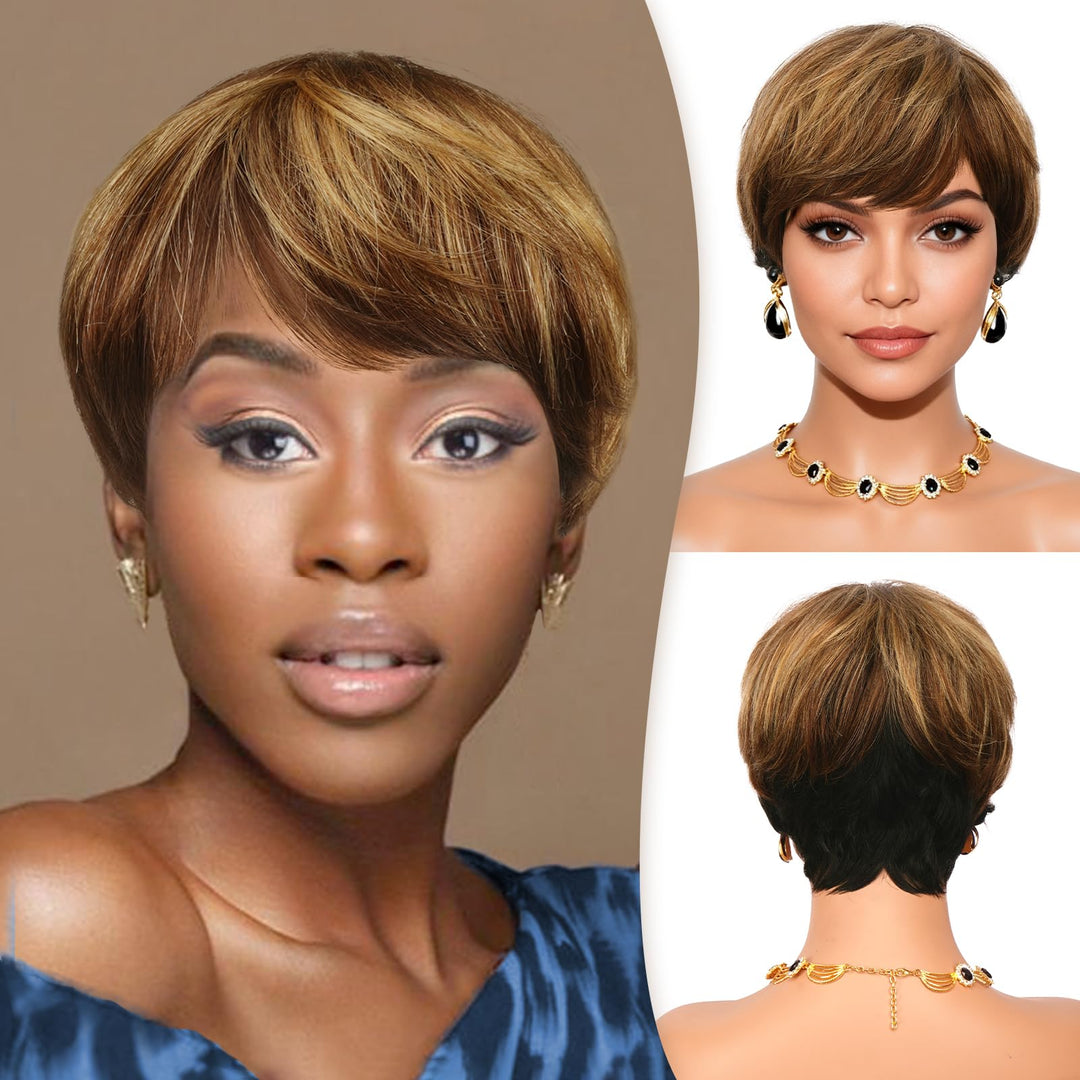 RUWISS Pixie Cut Perücken für Schwarze Frauen Pixie Cut Echthaar Perücken Short Layered Perücken Upp