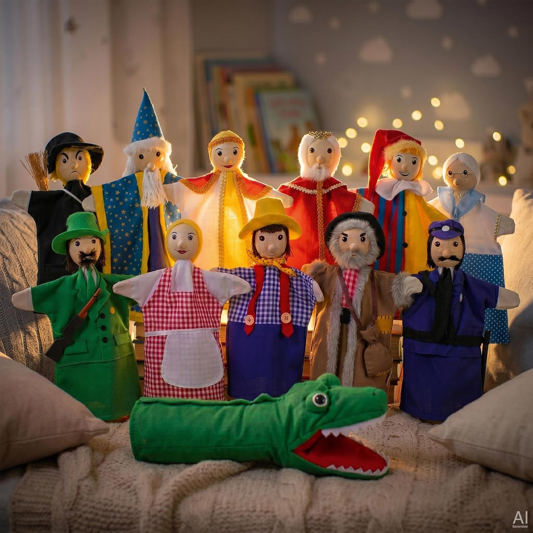 goki SO450 - Handpuppenset - liebevoll gestaltet aus Holz und Stoff - 12 Puppen