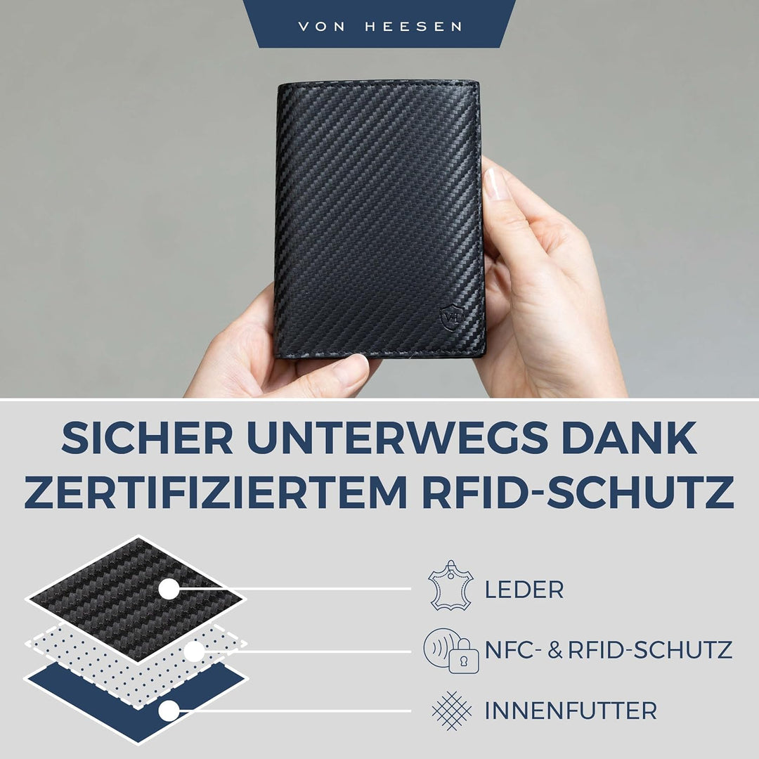 VON HEESEN® Geldbörse Herren & Damen (Carbon-Schwarz, MIT MÜNZFACH) Schwarz Carbon MIT XL MÜNZFACH,