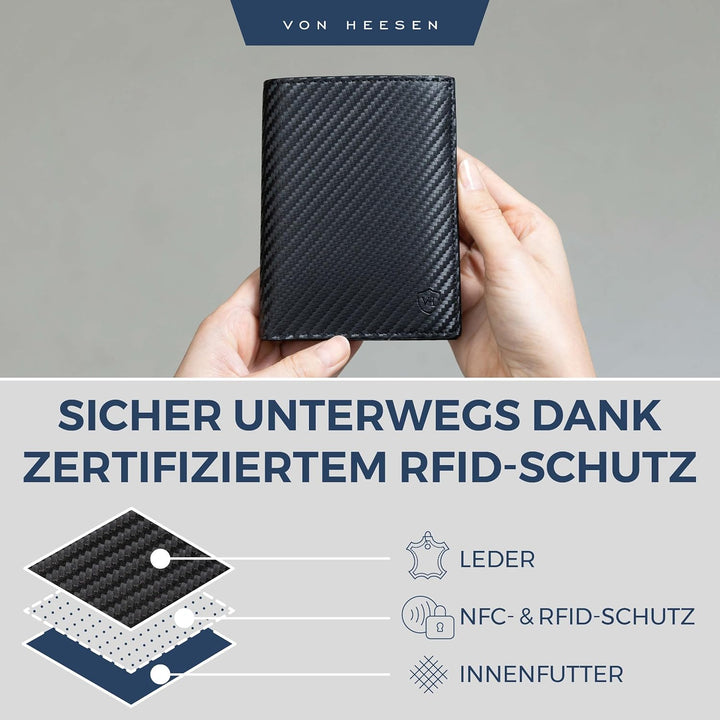 VON HEESEN® Geldbörse Herren & Damen (Carbon-Schwarz, MIT MÜNZFACH) Schwarz Carbon MIT XL MÜNZFACH,