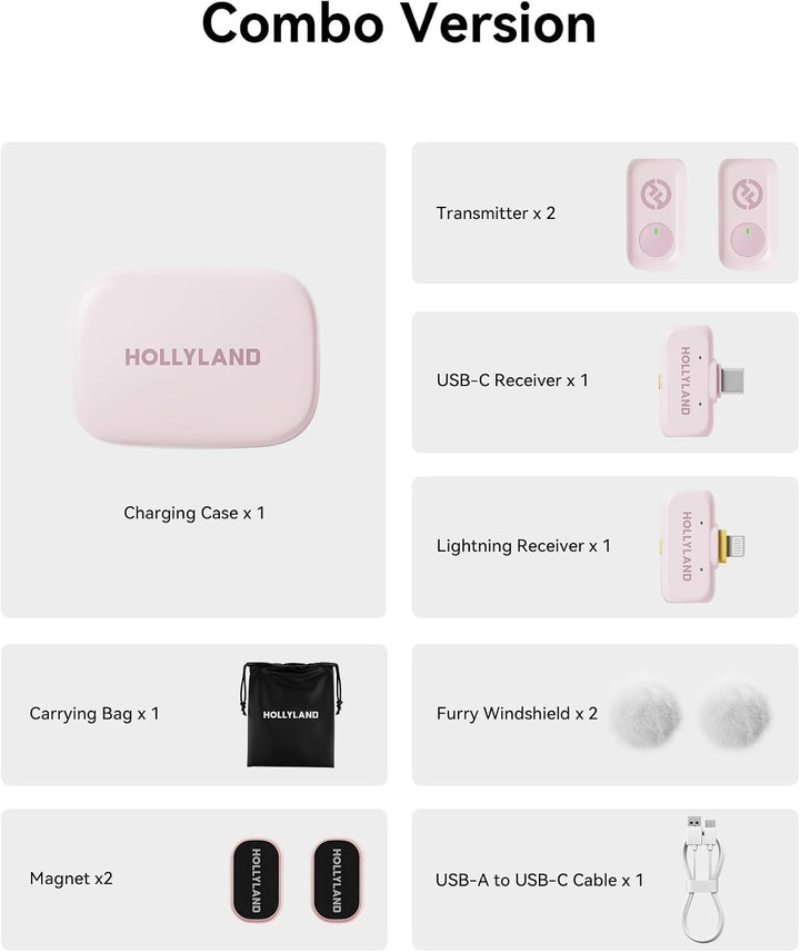 Hollyland Lark A1 Combo (Wolkenrosa, mit USB-C RX + Lightning RX + Ladecase) Drahtloses Mikrofon