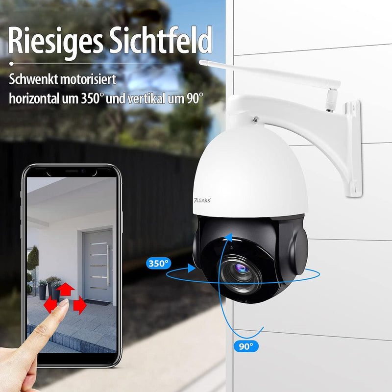 7links WLAN Kamera mit Zoom: PTZ-IP-Überwachungskamera mit 2K, 18x-Zoom, WLAN, App, 360°, IP66 (WLAN