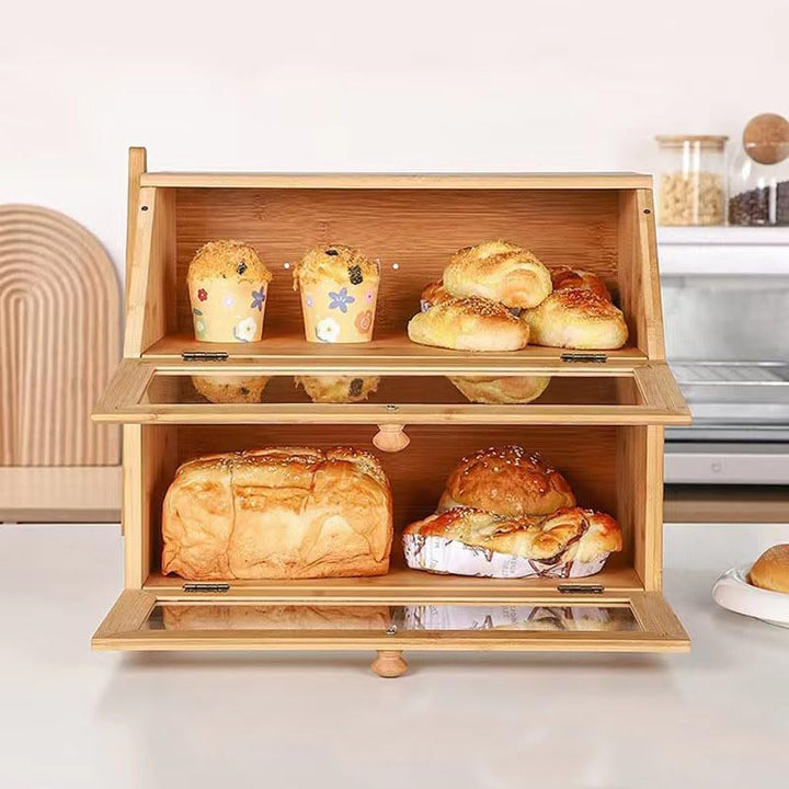 BRAVECOW Natürlich Bambus brotkasten,brotkasten holz Zweischichtig, mit Deckel brotkorb, brot aufbew