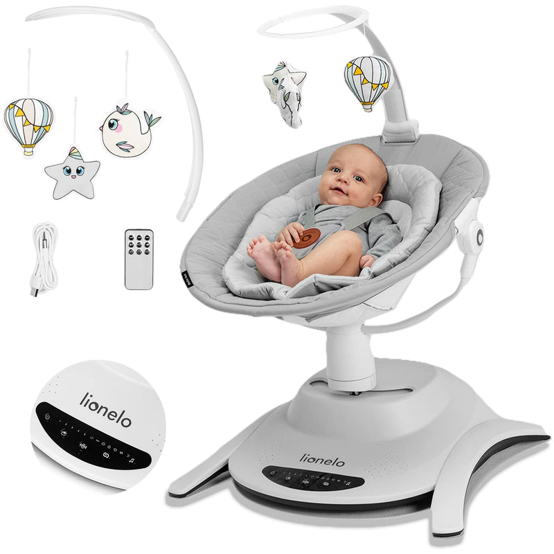 LIONELO Bella Elektrische Babywippe 360o für Babys bis 9 kg, verstellbare Rückenlehne, 5 Schaukelges