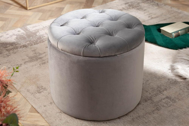 riess-ambiente.de Eleganter Hocker MODERN BAROCK 50cm Silbergrau Samt Couchtisch Tisch Aufbewahrungs