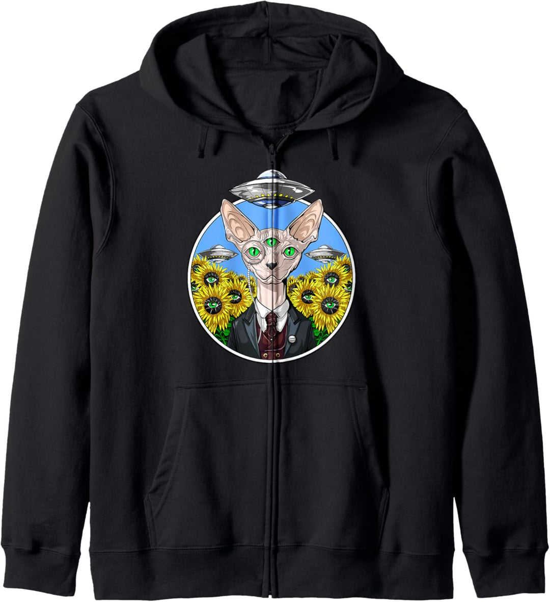 Psychedelische Sphynx Katze Ausserirdische UFO Sonnenblumen Kapuzenjacke