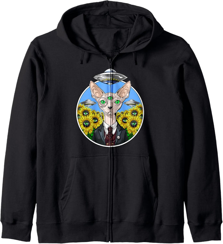 Psychedelische Sphynx Katze Ausserirdische UFO Sonnenblumen Kapuzenjacke
