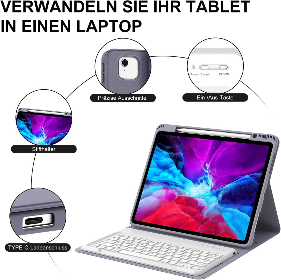 Hülle mit Tastatur für iPad Pro 12.9 Zoll 6ª 2022 /5ª 2021/4ª 2020/3ª Gen 2018, QWERTZ Deutsches Mag
