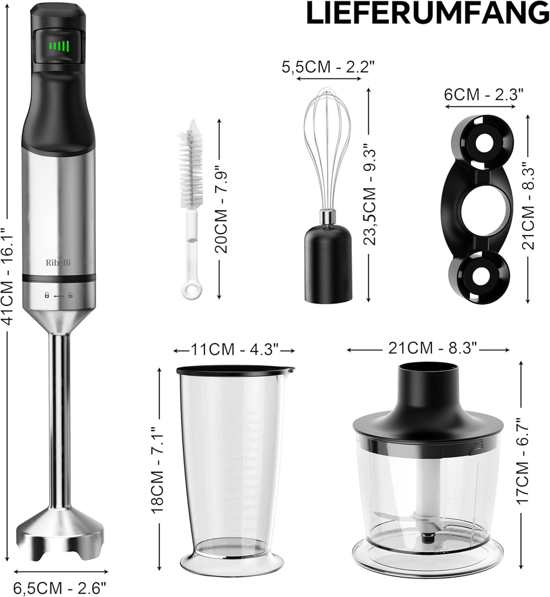 Ribelli Stabmixer Set 5-in-1 leistungsstark mit 1200W – Edelstahl Pürierstab stufenlos, Hand Blender