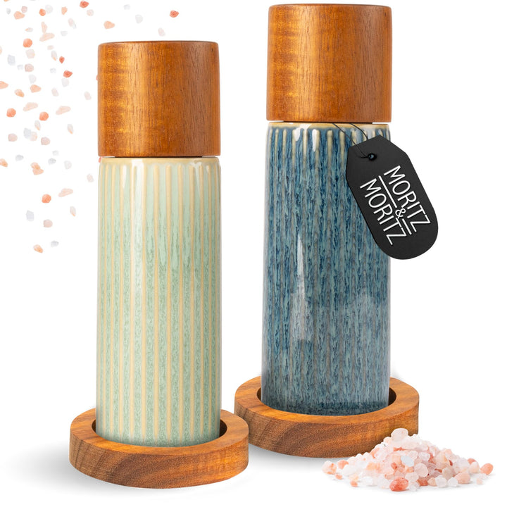 Moritz & Moritz PEPE Gewürzmühle 2er Set blau/grün - Salz und Pfeffermühle aus Steinzeug & Akazienho