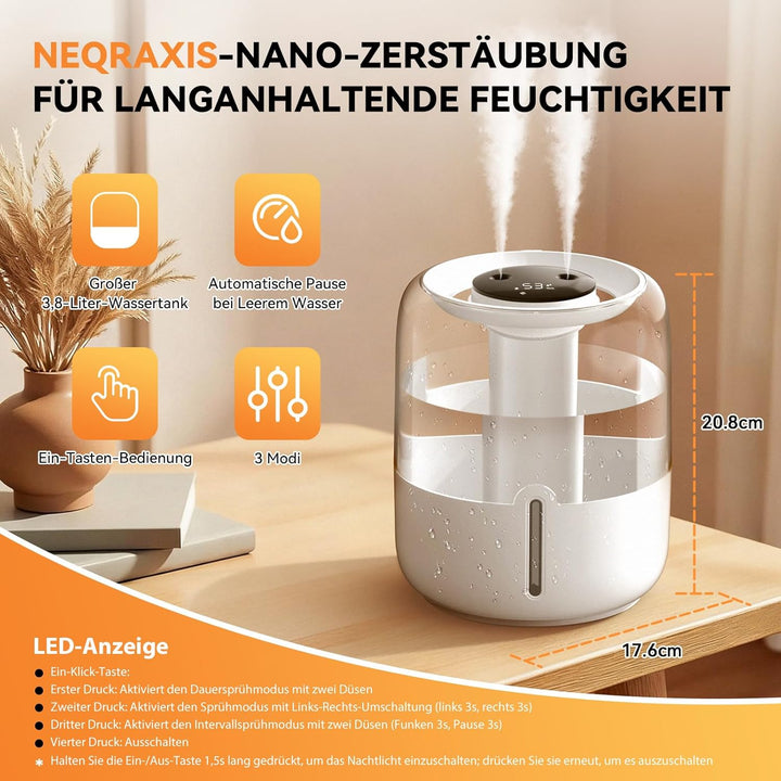 Ultra-Leiser Luftbefeuchter Schlafzimmer, 3.8L Oben Befüllbarer Raumbefeuchter, Luftbefeuchter Baby